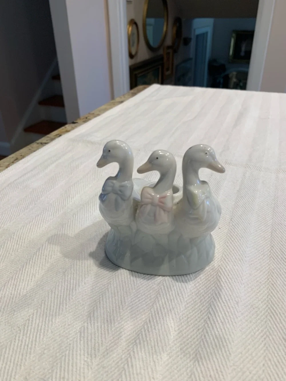 Porcelain Triple Duck Figurine candle holder with Pastel Bows